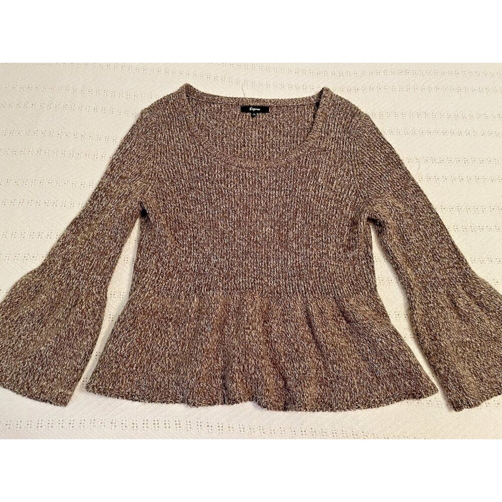 Express‎ wool sweater women's large brown ruffle sleeve & hem crop minimalist